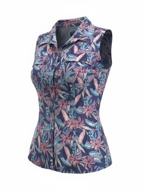 Reel Legends Sleeveless Button-Down Floral Top in Navy, Pink and Teal